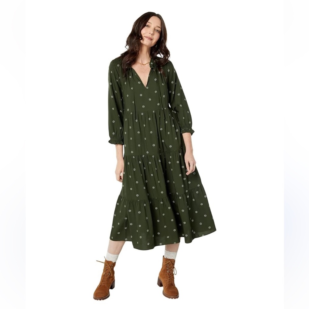Madewell Tie Neck Tiered Dress in Green Print EUC